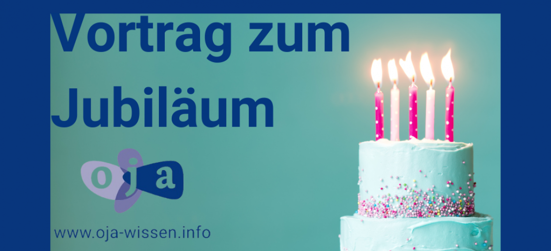 Text mit einer Torte, auf der fünf Kerzen brennen