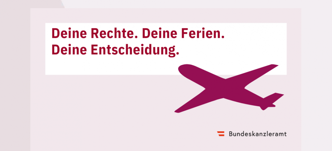 Titel: Deine Rechte, Deine Ferien, Deine Entscheidung. Ein Flugzeug stellt den Bezug zur Reisezeit her.